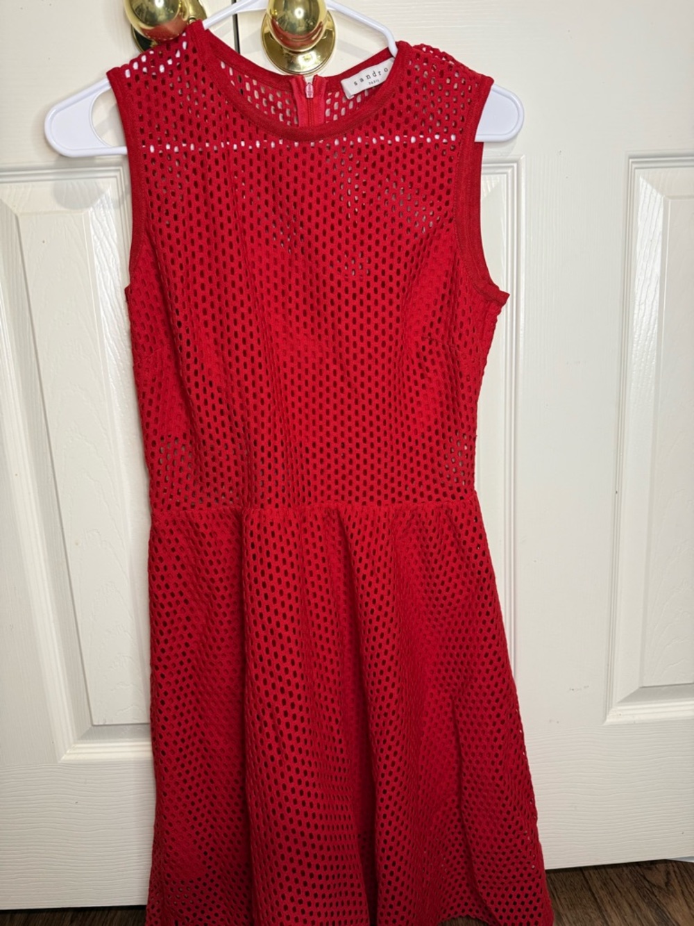 Sandro Paris Red Mesh Dress Size 2 Sleeveless Fit & Flare Perforated Midi Dress